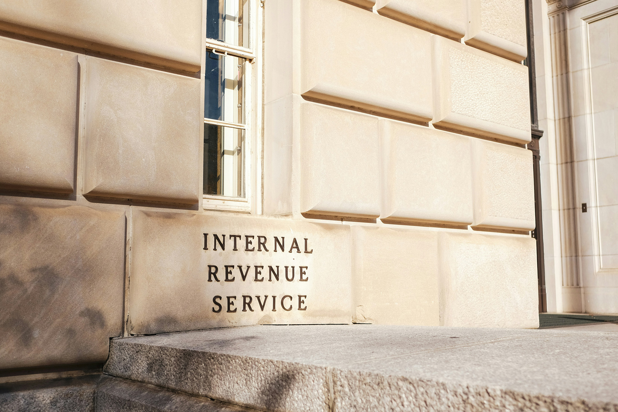 Close view of Internal Revenue Service building signage